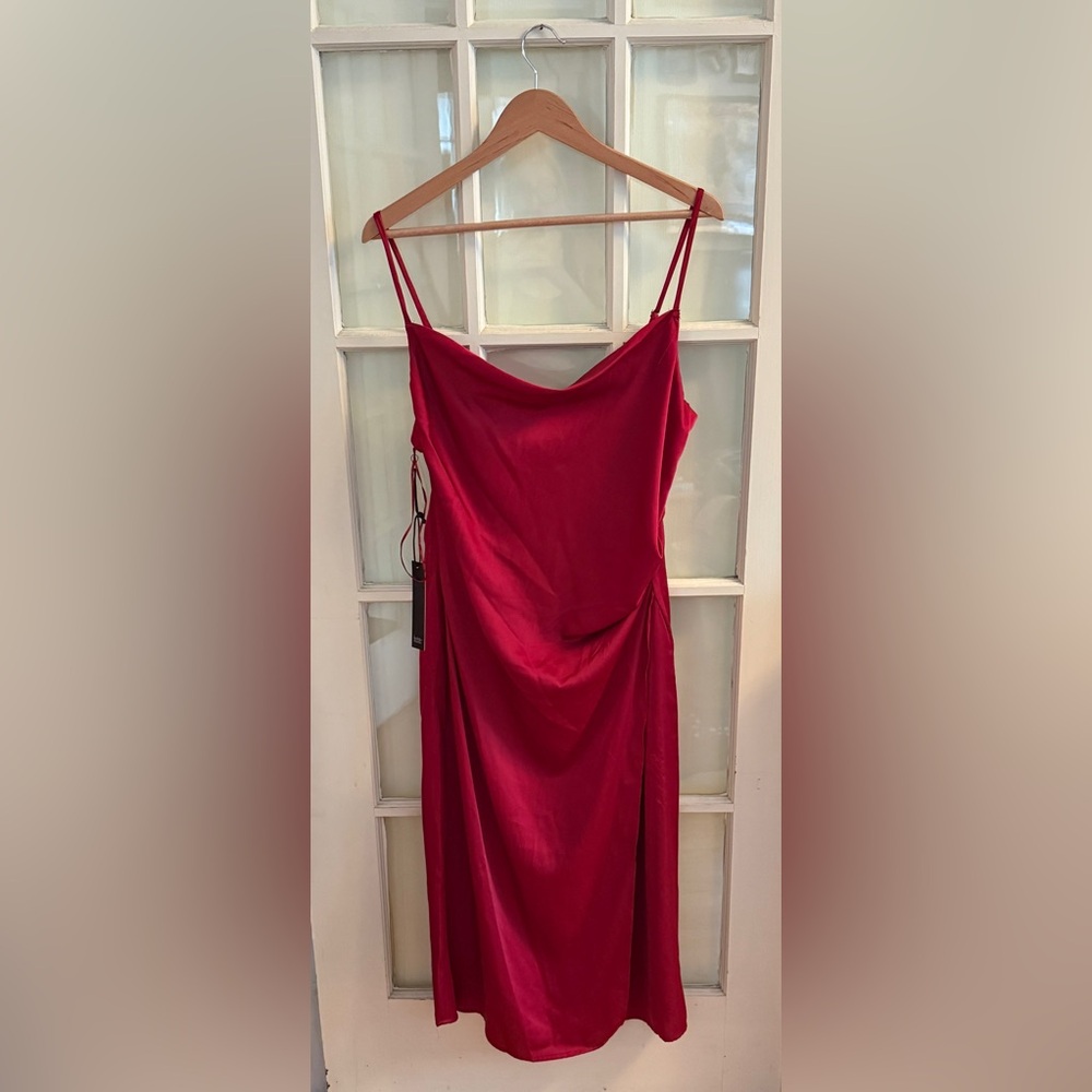 nwt nicole miller red cowl neck midi satin slip dress